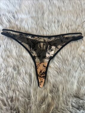 Victoria's Secret Black Floral Sheer Thong with Nude Lining